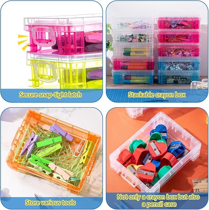 Suzile 40 Pcs Plastic Crayon Boxes Holds 24 Crayon with Snap Lid Storage Container Clear Stackable Case for School Office Classroom Supplies Pen Pencil Craft(Clear, Red, Green, Blue, Orange) - Image 3