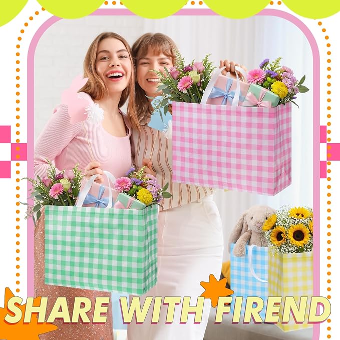 Colarr 24 Pcs Extra Large Easter Tote Bags Bulk with Handle Spring Gift Bag Non Woven Buffalo Plaid Waterproof Reusable Bag for Spring Holiday Wedding Party Supplies,16.5'' x 13 "x 7'' - Image 2