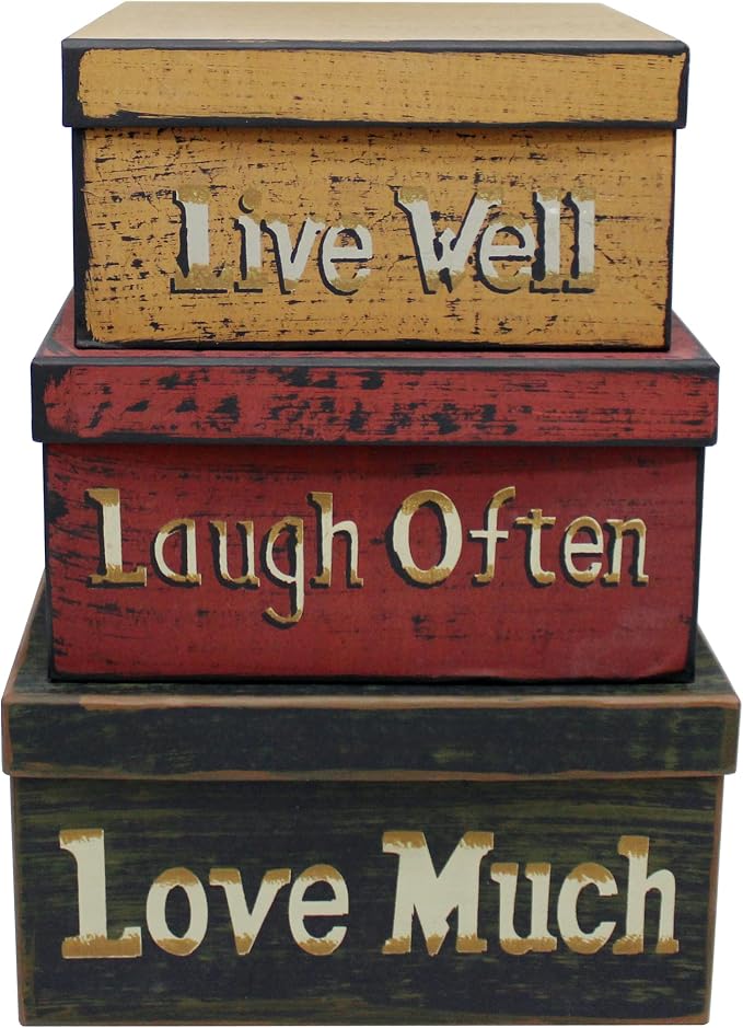 Primitive Vintage Square “Live Well, Laugh Often, Love Much” Cardboard Nesting Boxes, Large 11 X 11 X 5-1/2 Inch. Set of 3. - Image 2