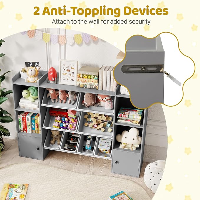 Costzon 56.5'' Kids Toy Storage Organizer w/ 8 Removable Bins, 4-Tier Toddler Bookshelf Cubbies, Preschool Children's Montessori Bookshelf w/6 Large Cabinet for Playroom, Daycare, Kids Room, Classroom - Image 5