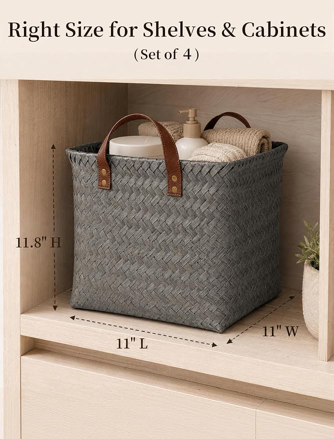 Wicker Storage Baskets, 4 Pack Woven Baskets for Shelves, Grey | PP Rattan, Water-resistant Wicker Basket, Large Baskets with Faux Leather Handles for Blanket, Laundry Organizer, Room Decor - Image 2