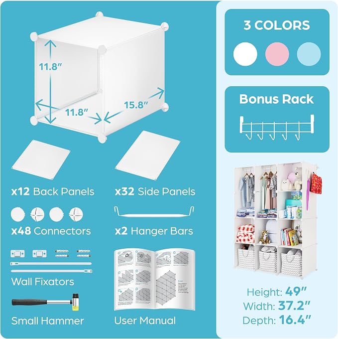 Baby Closet Organizer for Nursery: Durable Baby Wardrobe for Closet - Customizable Baby Dresser Amoire Shelves - Waterproof Shelf Clothes Organizer w/Wall Fixation (White) - Image 6