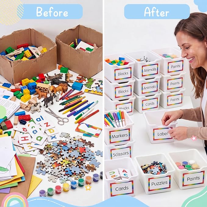Funrous 72 Pack Plastic Cubby Bins for Classroom, Stackable Storage Bins with Rainbow Labels and Handles Cubby Organizer Containers for Teacher Supplies Home Office Daycare and Playroom (White) - Image 4