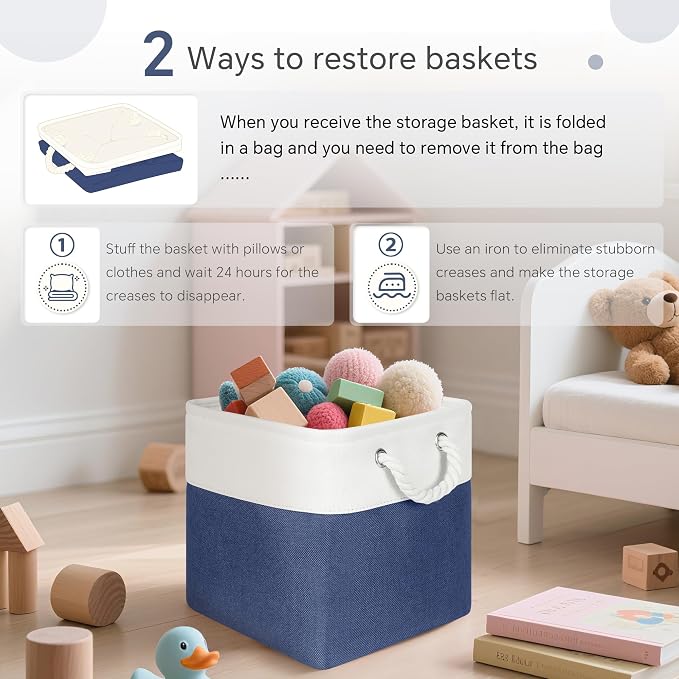 FinishingBo 11 inch Cube Storage Bin with Handles 6 Pack | Foldable Basket, Fabric Storage Bins, Closet Storage, Home Organizer (White/Navy Blue) - Image 7