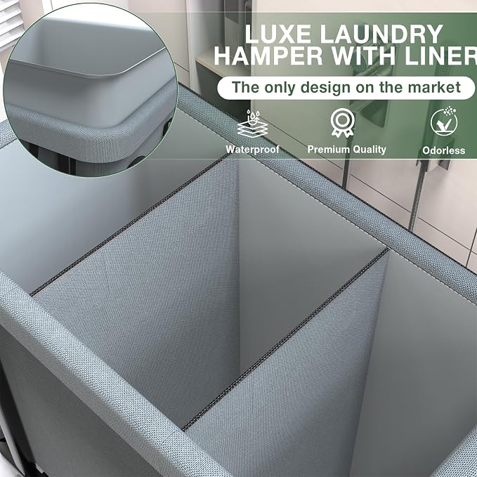 Laundry Basket with Lid,230L Rolling Laundry Hamper with Wheels,Grey | Dirty Clothes Hamper with Metal Frame and Removable Bag Design, Suitable for Laundry Room, Bedroom(3 Section) - Image 3