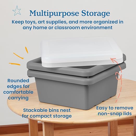 ECR4Kids Stackable Square Bins with Non-Snap Lids, Multipurpose Organization, Grey, 2-Pack - Image 4