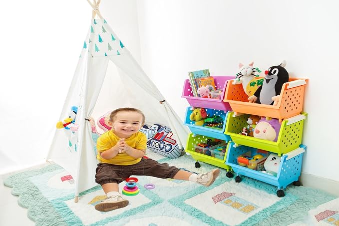 Kids' Toys Chest Large Baskets Storage Bins Organizer with Wheels Can Move Everywhere Natural/Primary (Primary Collection) (6 Baskets Choose) - Image 4
