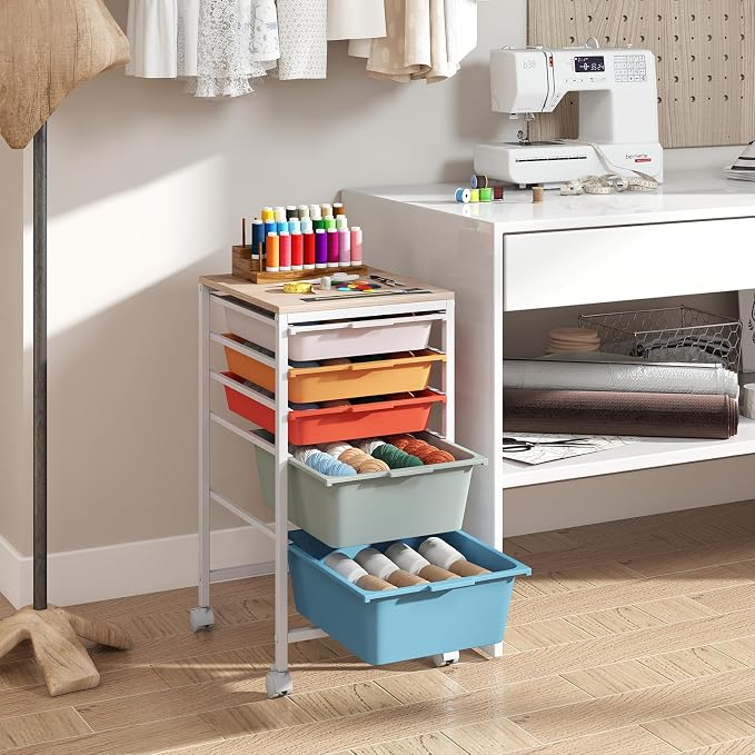 Giantex Rolling Storage Cart with 5 Drawers, Utility Cart w/Wooden Tabletop, Lockable Wheels, Multipurpose Organizer for Art Craft Books Paper, Drawer Carts for Dorm Classroom Office, Macaron - Image 9