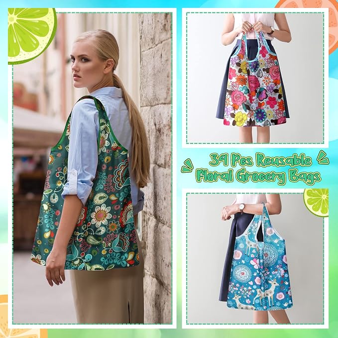 Tanlade Reusable Floral Grocery Bags Foldable Tote Bags Washable Shopping Large Flower Pouch with Attached Pouch for Women - Image 2