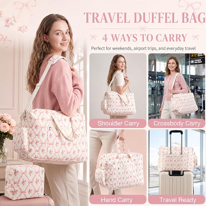 Abbylike Hospital Bag for Women, Quilted Weekender Duffle Bag,Rose - Image 5