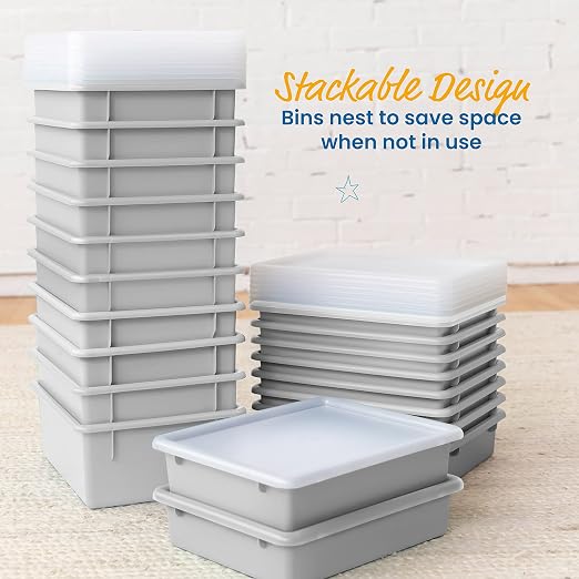 ECR4Kids Letter Size Tray Organizer with Lid, Large, 10-Piece, Light Grey | Durable plastic, GREENGUARD Gold Certified, 1 gallon capacity, stackable/nestable, easy-lift lids, classroom & home use - Image 5