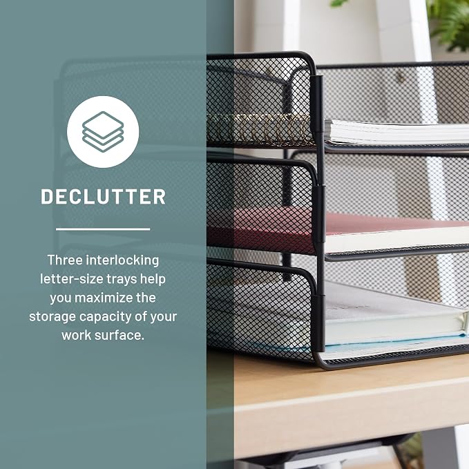 Safco Onyx Desk Organizer, 3 Trays, Office and Classroom Mailbox, Paper and Mail Sorter, Steel Mesh, Black - Image 2