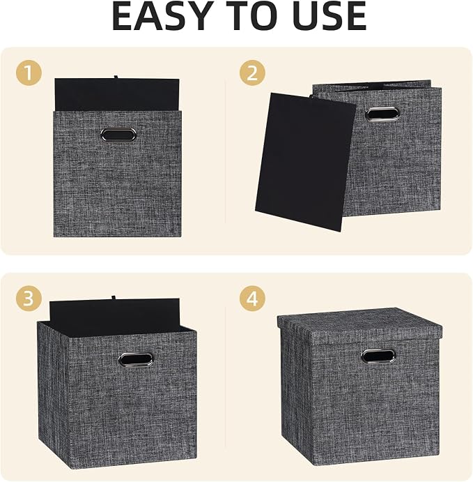 Posprica Storage Bins with Lids,13×13×13 Foldable Storage Cube Baskets Boxes Fabric Drawers for Closet Shelf Cabinet Bookcase,Set of 4,Black - Image 3