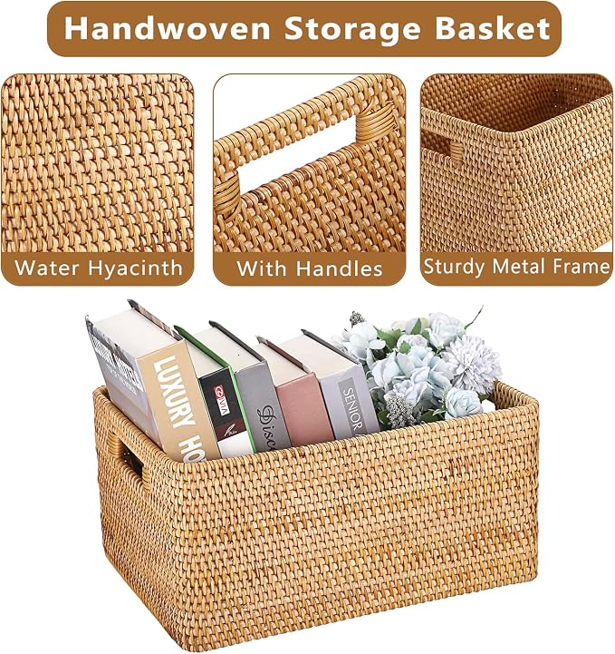 Hipiwe Rattan Wicker Storage Basket for Shelf Organizer, Large 15"x11"x7.1" | Handwoven Decorative Basket Bin with Build-in Handles, Natural Rectanguar Wardrobe Home Organizer - Image 6