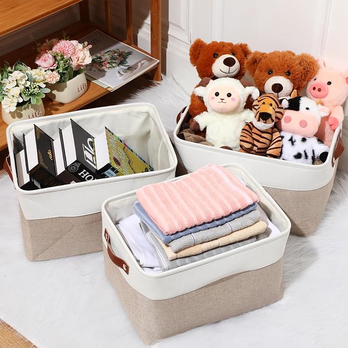 Uiifan 8 Pack 16 x 12 x 10 Inch Large Storage Baskets Collapsible Fabric Storage Cubes Bins with Handles for Shelves Closets Nursery Home Clothes Toys Organizers, Beige - Image 4