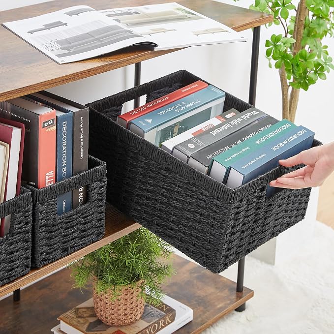 Wicker Storage Basket, Set of 3 Wicker Basket, Hand-Woven Paper Rope Storage Baskets for Organizing, Large Cube Storage Organizer Bins Baskets for Shelves Small Toilet Paper Baskets, Black - Image 4