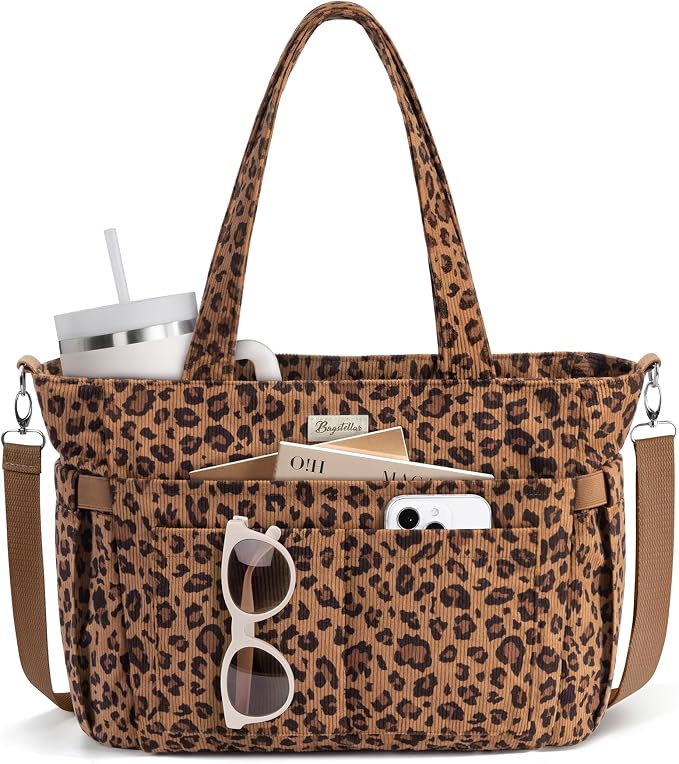Bagstellar Corduroy Tote Bag for Women, 17 Pockets Laptop Work Tote Purse | Large 15.6” Computer Bag w/ 40oz Cup Holder & Strap, Zipper Teacher Nurse Bible Shoulder Bag for School Travel College Office by Bagstellar