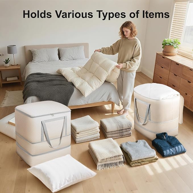 Comforter Storage Bag - 120L Bedding Storage Bags for Closet and Moving, Washable Blanket Storage Bag, Ultra Space Saving Self Compression Organizer, 2-Pack, Beige - Image 5