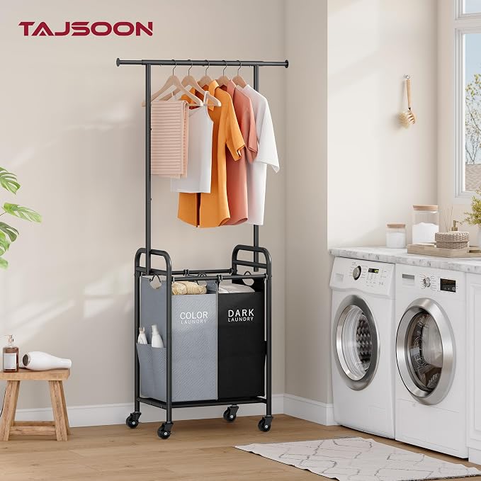 Laundry Sorter with Hanging Bar, 2 Bag laundry cart, Black & Gray | 2 Section Laundry Hamper with Lockable Wheels and Removable Bag, Laundry Cart with Hanging Rack for Laundry Room, Bathroom - Image 2