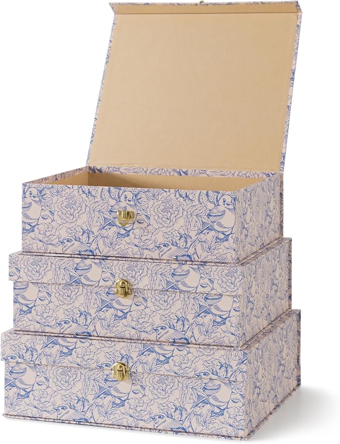 Soul & Lane - Blue Floral Storage Boxes with Gold Hardware, Set of 3 | Keepsake Trunk Style Storage Boxes with Lids for Home Decor and Organizing, Cute White Vintage Wedding Memory Chests - Image 2