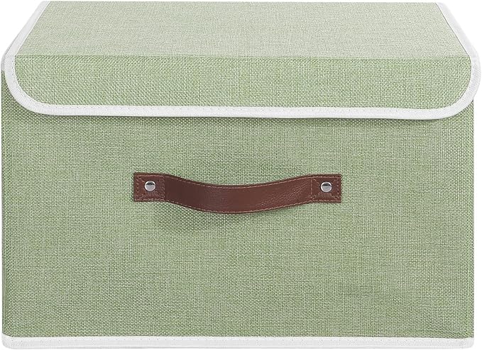 ANMINY Fabric Storage Box Bins with Lids, Green, 15"x10"x10" | Keepsake Memory Storage, Cotton Linen, PP Board Reinforced, Washable, PU Handles, Foldable & Stackable, Decorative, Large - Image 2