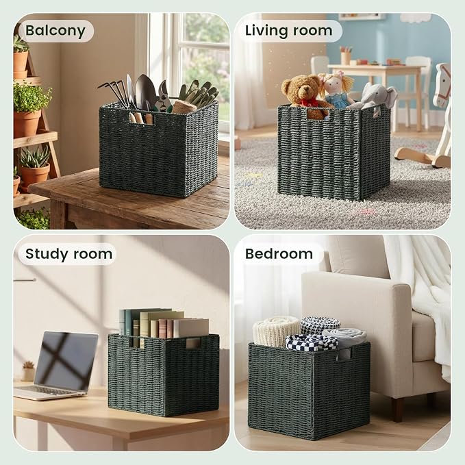 Set of 2 Hand-Woven Paper Rope Wicker Baskets, Storage Basket, Foldable Cube Storage Bins, Green Storage Cubes, Square Baskets for Organizing Shelves, 12x12x12in - Image 6