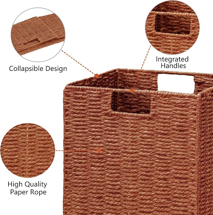 Wicker Storage Basket, Set of 2 Hand-Woven Paper Rope Wicker Basket, Foldable Cube Storage Bins, Square Large Storage Baskets for Organizing Shelves & Decor, Orange (13″×13″×13″) - Image 2