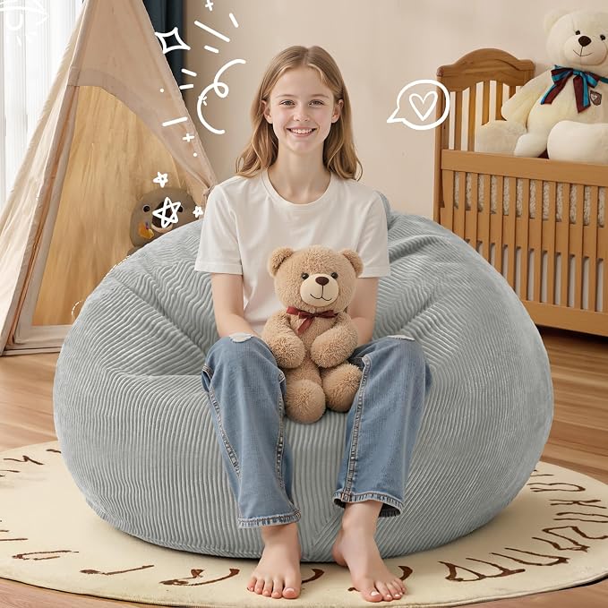 2.5FT Bean Bag Chair,Teardrop Bean Bags with Memory Foam Filled | Beanbag Chairs with Handle,Teardrop Bean Bag Sofa with Corduroy Machine Washable Cover for Living Room,Bedroom-Light Grey - Image 6