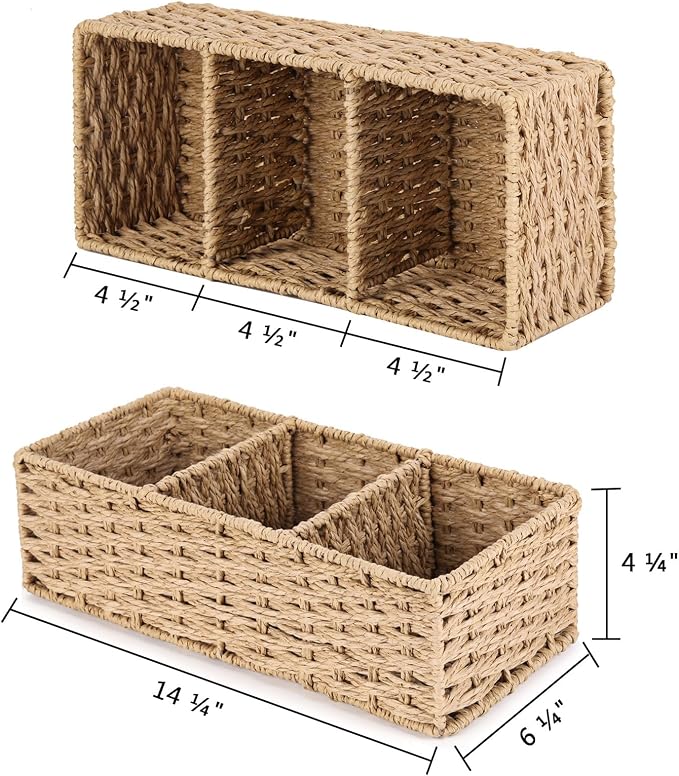 3-Section Wicker Baskets for Shelves, Hand-Woven Round Paper Rope Wicker Storage Basket, Toilet Paper Basket for Toilet Tank Top, Baskets for Organizing, 2-Pack - Image 2