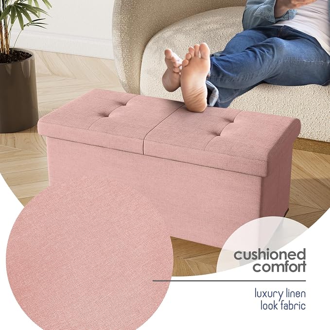 Storage Ottoman Bench with Bins, 30-in Storage Bench for Bedroom End of Bed, Folding Foot Rest Ottoman for Living Room Max 660lbs, Fabric Ottomans, Pink - Image 7