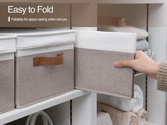 StorageWorks Fabric Storage Bins with Lids, Closet Storage Bins | Lidded Dust-proof, Easy Pull Handles, Foldable, Stackable, Ideal for Clothes Blanket Towel, Large, Brown and White, 3-Pack - Image 4
