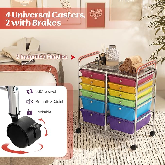 Moccha 12-Drawer Rolling Storage Cart - Utility Cart on Wheels with Lockable Casters for Craft Art Supply Paper Salon, Mobile Drawer Carts for Classroom Teacher School Office (Rainbow) - Image 5