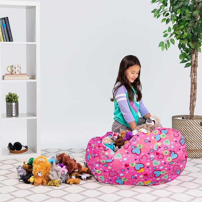 Posh Stuffable Kids Stuffed Animal Storage Bean Bag Chair Cover - Childrens Toy Organizer, Large-38 - Canvas Multi-Colored Hearts on Pink - Image 5
