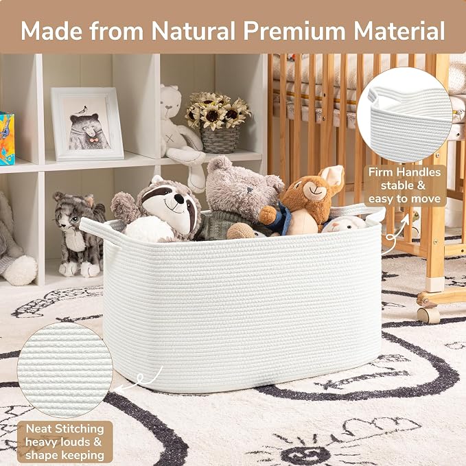 Goodpick Large Woven Rope Blanket Basket, Rectangle, White, 75L | 21.6'' x 14.9'' x 11.8'' Storage Basket for Blankets & Toys, Living Room, Bedroom & Nursery Organization, Reinforced Handles - Image 6
