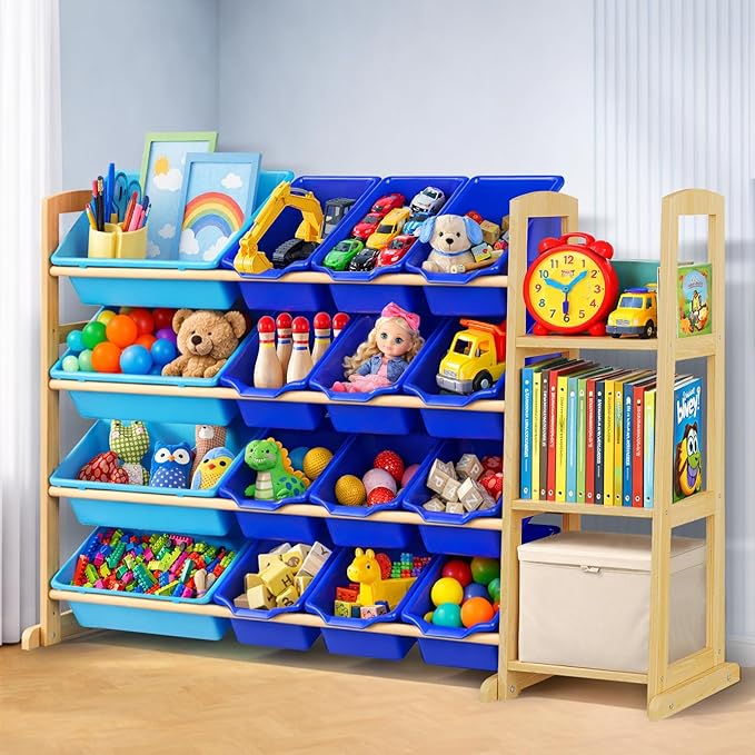 Kids Toy Storage Organizer with Bookshelf – Wooden Shelf with 16 Bins & 3 Shelves, Quick Assembly Storage Rack for Playroom, Bedroom, Nursery - Blue by KidsToyStorageOrganizer