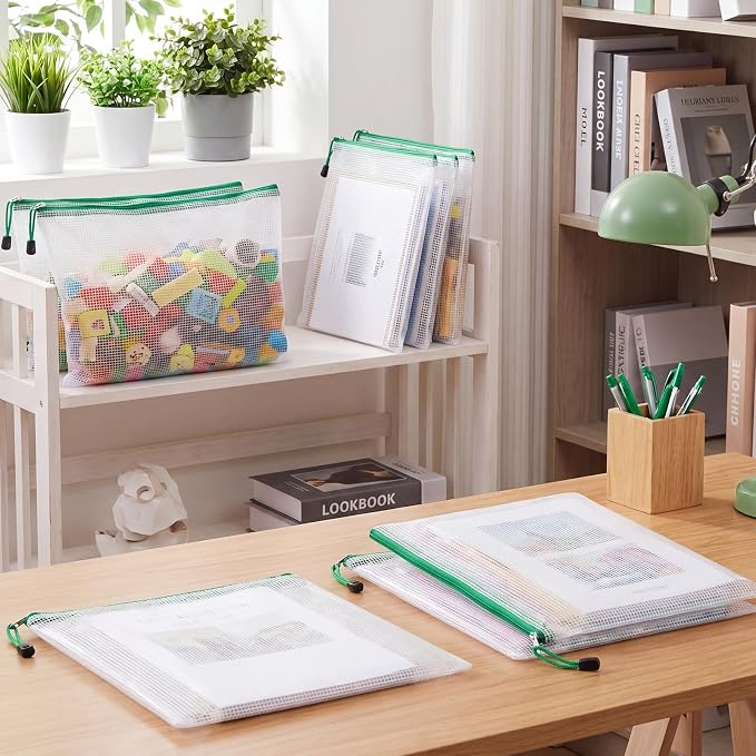 Zhehao 200 Pcs A4 Mesh Zipper Pouch Bulk Waterproof Mesh Zipper Organizer Plastic File Folder Case for School Office Supplies Document Board Games Puzzle(Green) - Image 4