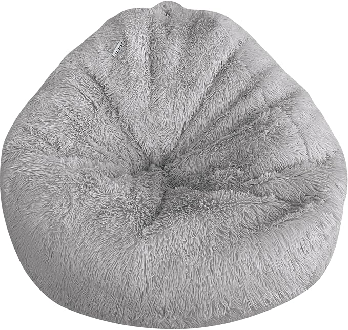 Bean Bag Stuffed Animal Storage Chair Cover (No Filler) for Kids and Adults. Extra Large Bird's Nest Beanbag Memory Foam Soft Premium (Light Grey (Faux Fur), 3ft (Cover Only)) by Delmach