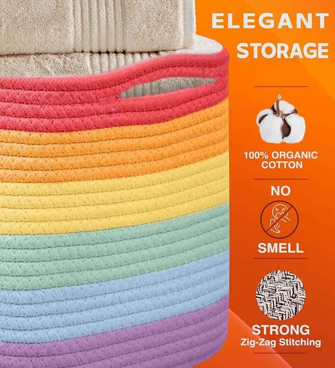 CHAT BLANC Cotton Rope Baskets for Organizing, Shelves, Toys, Storage, Shoe, Bathroom, Laundry, Towel, Nursery, Home Decor, Blanket, Cloth Woven Bins Fabric (Rainbow, 15"x10"x9") - Image 2