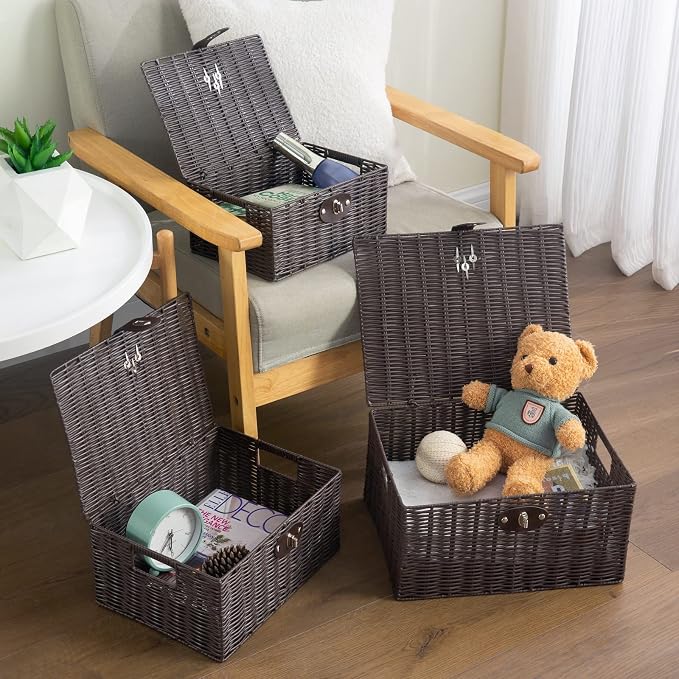 Set of 3 Woven Wicker Storage Basket Box with Lids & Lock, Built-in Carry Handles, Multifunctional Storage Organizer for Nursery, Baby, Clothes, Toys, Books, Large/Medium/Small Size (Brown) - Image 2