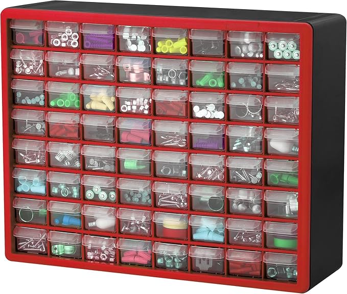 Akro-Mils 64-Drawer Plastic Drawer Storage Cabinet for Garage Organization, Bead Organizer, Building Bricks Storage, Teacher Toolbox, Makeup Organizer, 20-Inch W x 6-Inch D x 16-Inch H, 10164 Red - Image 9