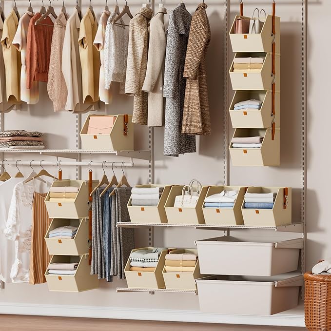Hanging Closet Organizer 4 Tier - Clothes Hanging Shelves, Space-Saving Closet System, Fabric Storage Bins Bedroom Organization, Collapsible Baskets for Home, Dorm, Rv, Beige - Image 6
