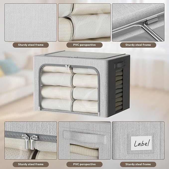 FHSQX 2Pack Clothes Storage Bins, Light Gray, 15.7x11.8x9.8 Inch | Stackable, Linen Fabric, Foldable Container Organizer, Carrying Handles - Image 3