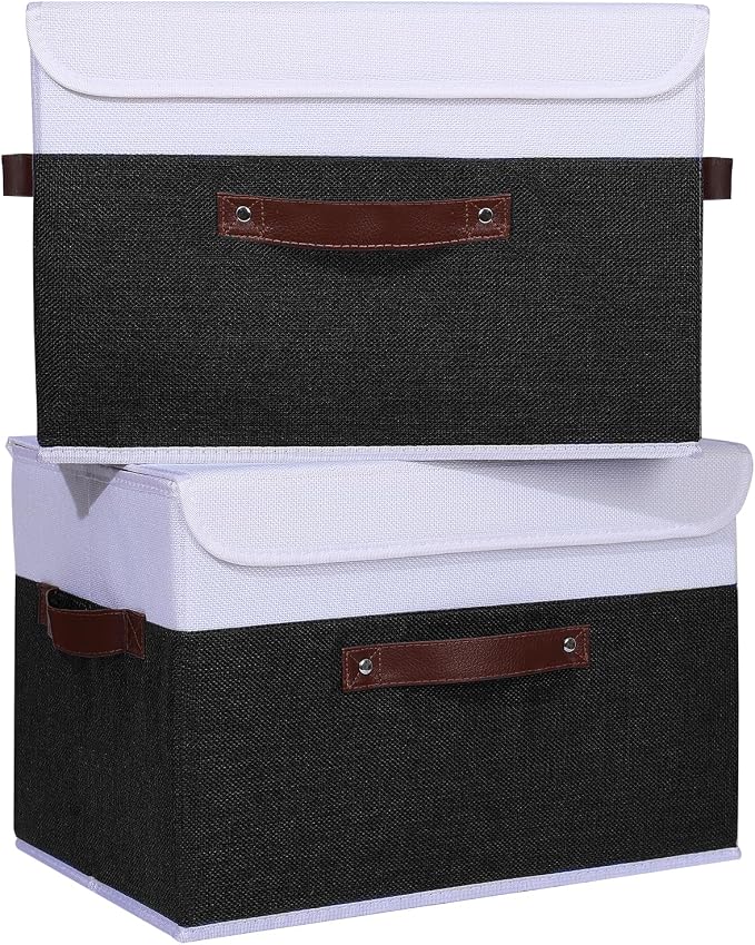 ANMINY Fabric Storage Box Bins with Lids, Black White, 15"x10"x10", 4 Pack | Keepsake Memory Storage, Cotton Linen, PP Board Reinforced, Washable, PU Handles, Foldable & Stackable, Decorative, Large - Image 2