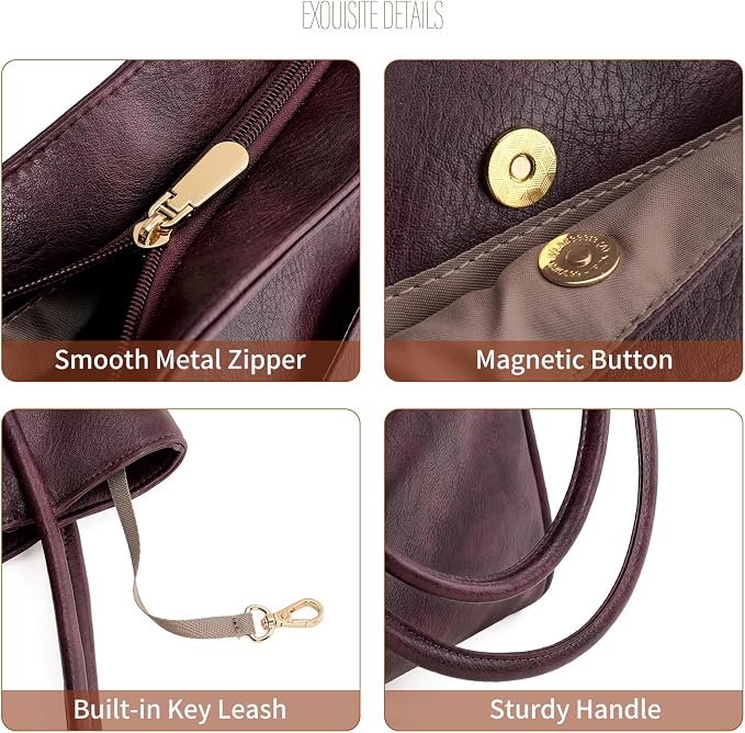 GAEKEAO Tote Bag for Women Vegan Leather Zipper Shoulder Bags Travel Purses | Large Capacity Purse Handbags, Inner Pocket with Key Clip, Fits 14" Laptop, for Casual Work Dating Commute Daily Weekender - Image 5