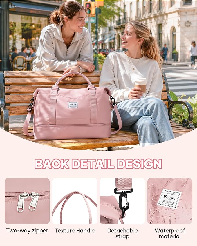 Travel Duffel Weekender Bag Women Tote Carry On Bags With Shoe Compartment | 18x14x8 inches Travel Overnight Bags with Trolley Sleeve for Airplanes Waterproof Sport Tote Gym with Toiletry Bag Pink - Image 5
