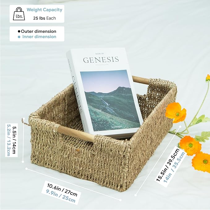 Large Natural Wicker Basket Rectangular with Wooden Handles, Seagrass Storage for Organizing, Shelves 15.5 x 10.6 x 5.5 inches - Image 2