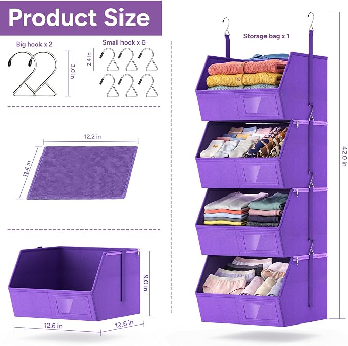 Hanging Closet Organizer, Detachable Hanging Storage Shelves | Reinforced Side Panels, Dorm Closet Organizer, RV Closet Organizers and Storage, Organizer for Clothes, Sweaters,Socks Purple - Image 3