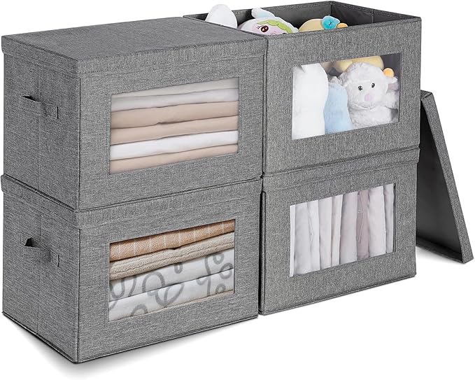 4-Pack Large Storage Bins with Lids & Clear Window, Foldable Fabric Closet Organizer Boxes, Stackable Cube Baskets with Soft Handles for Clothes & Blankets, 17”, Grey by Unknown