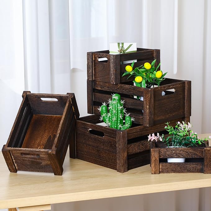 Barydat Set of 5 Wood Crates for Display Decorative Nesting Wooden Crate Storage with Handles Vintage Farmhouse Style Decorative Boxes Multipurpose Fruits Vegetables Boxes(Dusty Brown,Rustic) - Image 8