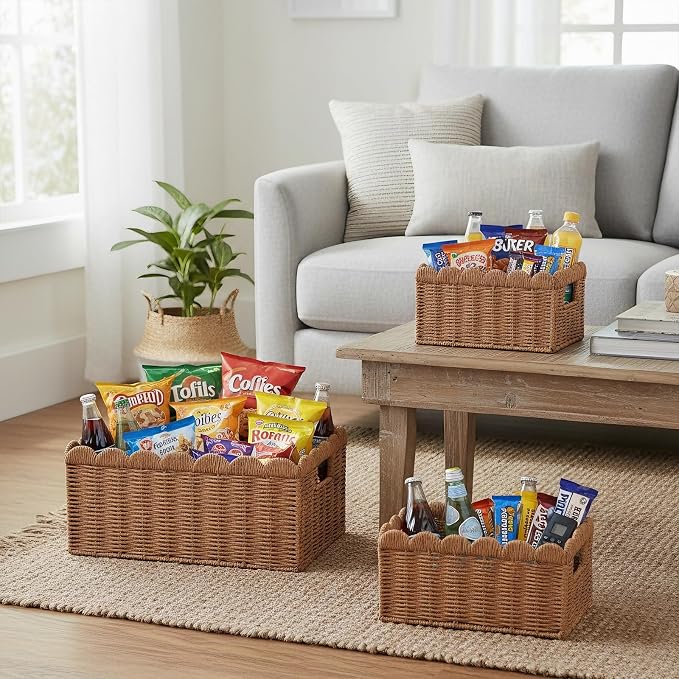 3 Pcs Scalloped Wicker Baskets, Hand-woven Storage Baskets with Built-in Handles, Paper Rope Shelf Baskets for Organizing and Decoration, Brown Basket - Image 4